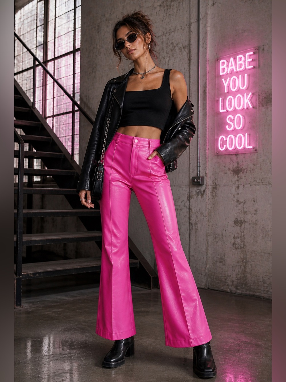 Idem Ditto Faux Leather High Rise Barbie Pink Flare Stretch Pants Size Medium